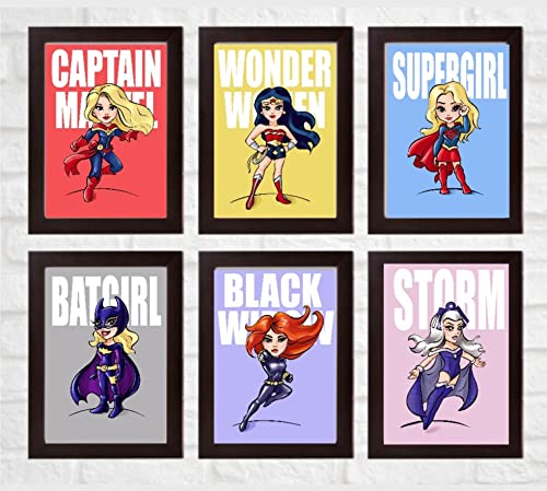 Safari Art Lot de 6 impressions de super-héros féminins pour chambre d'enfant - Décoration murale personnalisée Avengers - Super fille, Wonder Women, chauve-souris (17,8 x 12,7 cm)