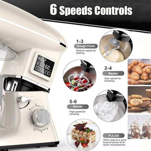 Electric Stand Mixer with 6 Speeds, 1600W Power, Tilt-Head Design, Includes Stainless Steel Bowl, Beater, Dough Hook, Whisk, and Digital LED Screen for Home Baking - Image 3