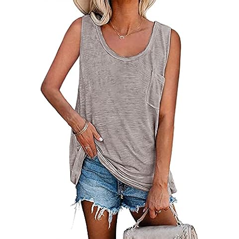 Haloumoning Womens Summer Workout Tank Tops Casual Crewneck Loose fit T-Shirts Plain Basic Tees with Pocket, Khaki, Medium Cover