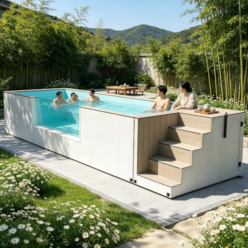 Wooden Exterior Shipping Container Pool, Small Durable Above Ground Swimming Pool, Modular Portable Prefab Container Pool, Summer Outdoor Backyard Plunge Pool for Residential Family Patio Courtyard
