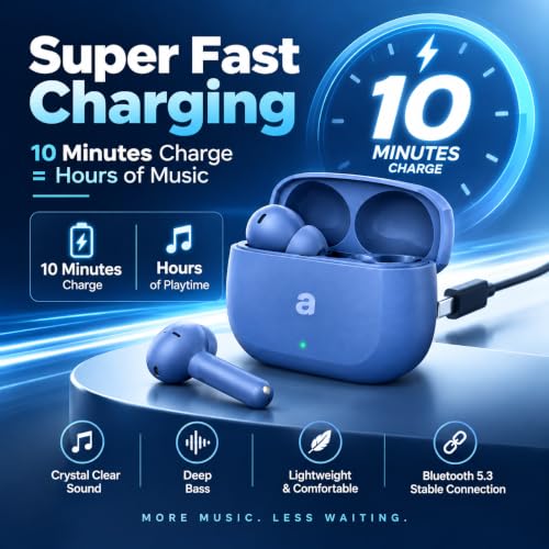 Image of True Wireless Bluetooth Earbuds with 70 Hours Extended Playback, Deep Bass 12.4mm Drivers, Clear Dual-Mic Calling, 3D Surround Sound, Seamless 47ms Gaming Latency - Blue