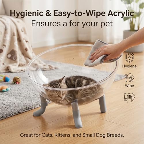 Lit pour chat surélevé gris moderne avec capsule dôme transparent pour son bien-être - 6