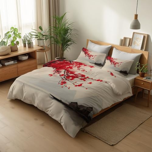 CozyRest Peinture à l'encre Orientale Fleur de Prunier Housse de Couette 180 x 200 cm Parure de Lit Hommes Femmes Enfants Parure de Lit décoration de Chambre...
