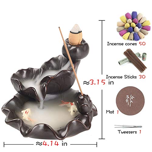 Kingsglen Ceramics Waterfall Incense Burner, Backflow Incense Burner Holder, Koi Fish Incense Burner,Incense Seat With 50 Backflow Incense Cones+30 Incense Sticks #TOP1