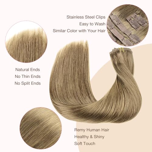 Image of GOO GOO Clip in Hair Extensions Real Human Hair, Remy Human Hair Extensions Clip ins for Women, Natural Human Hair, 18inch 110g 7Pcs, 7 Bronde
