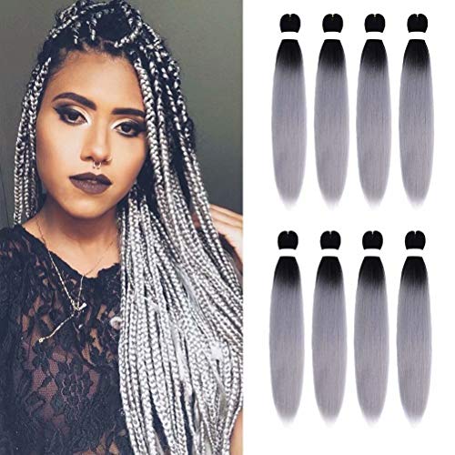 Ombre Pre-stretched Braiding Hair 24 Inch 8 Packs/Lot EZ Braids Hot Water Setting Perm Yaki Synthetic Hair for Braiding Top Silky Braid Hair Extensions(24" 1B/sliver)