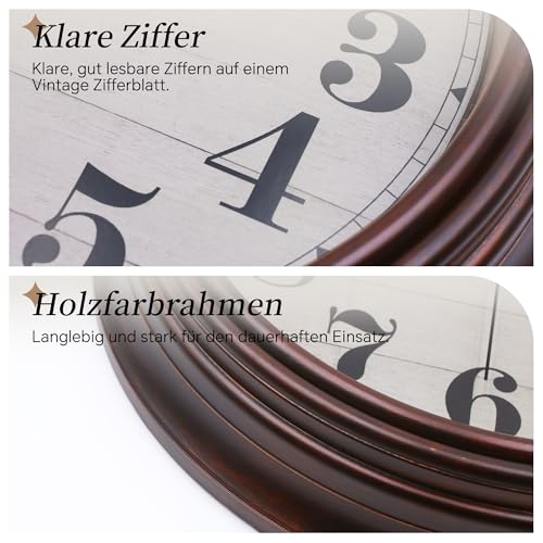VIKMARI 23cm Vintage Wanduhr, Groß Retro Braun Wanduhr Ohne Tickgeräusche für Wohnzimmer Schlafzimmer Küche Badezimmer Büro – Bild 5