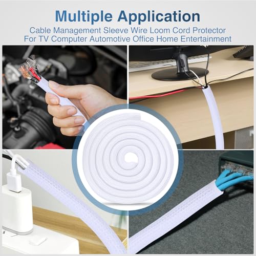 Image of Nilight Cable Sleeve,25ft-1inch Cord Management Sleeves White Wire Loom | Braided Sleeving, Split Self Wrapping Wire Loom for Computer Electrical Automotive Harness Protector Organizer, White