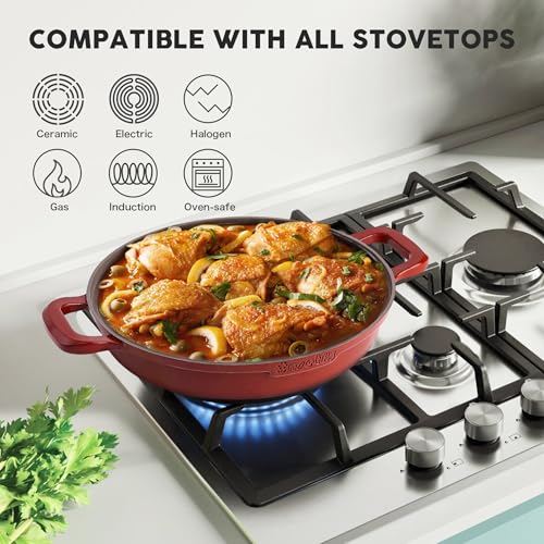Image of Non-Stick Frying Pan /Skillet 11 inch, 3QT Tagine Pan,Cast Aluminum Pans with Lid, Stove /Oven-to-Table Cookware, Dishwasher Safe& Compatible with All Stovetops(Red)