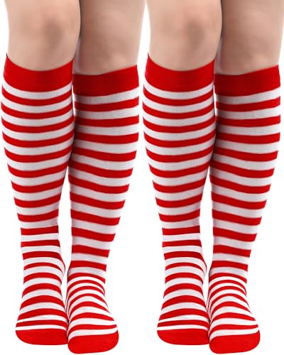 SATINIOR 2 Pairs Striped Knee High Socks for Women Striped Thigh High Socks Mardi Gras St Patricks Day Long Opaque Hosiery(Red and White)