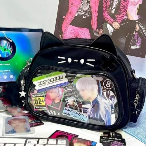 Image of Cat Ita Bag Pin Display Backpack for School PU Leather Preppy Backpack for Girl Y2k Single Shoulder Crossbody Bag
