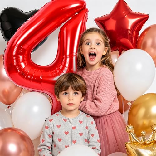 Image of TONIFUL 4th Birthday Balloons Kit 40 Inch Red Large Number 4 Foil Balloon | with 18Inch Helium Mylar Heart Star Balloons for Kids Women Men Birthday Anniversary Graduation New Year Eve Party Decoration