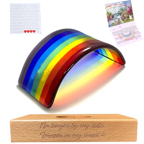 Andthen Rainbow Bridge Fused Glass 3D Colorful Bridge with Beech Wood Base & Sympathy Card Memorial Gift for Dog Cat