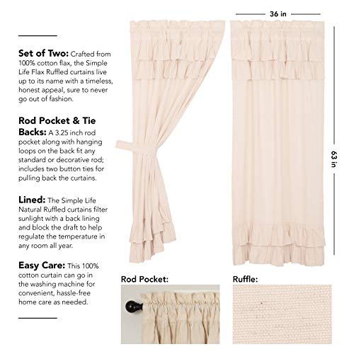 Vhc Brands Simple Life Flax Solid Color Cotton Linen Blend Farmhouse Curtains Rod Pocket Tie Back(S) Panel Pair, Natural Creme White #TOP4