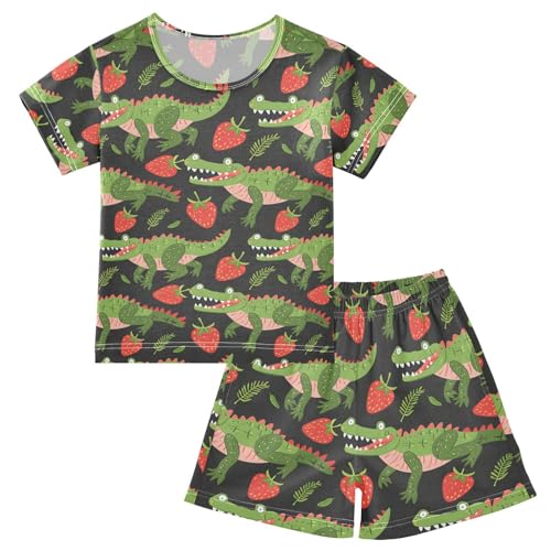 ALAZA Crocodil Strawberry Pajamas Short Sleeve 2 Piece Sleepwear Top and Bottom Pajama Set Unisex