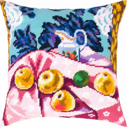 Brvsk Fauvist Stamped Cross-Stitch Kit for Adults and Beginners — Still Life with Apples on Pink Cloth by Henri Matisse 16??×?16? with Clear, Precise Printed Design on Cotton Canvas