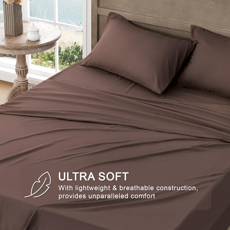 Image of FreshCulture Queen Sheet Set - Ultra Soft Sheets for Queen Size Bed - Brushed Microfiber - Deep Pockets - Easy Care - Cooling & Breathable Sheets - 4 Pieces Hotel Luxury Queen Bed Sheets (Brown)