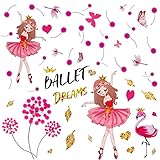 Maydahui Ballet Wall Decals Dancing Ballet Girl with Pink Dandelion Flying Butterfly Wall Stickers (23.6x29.5 In) Peel & Stick Removable Ballet Dancer Art Murals for Living Room Kids Bedroom Girls Room Dance Room