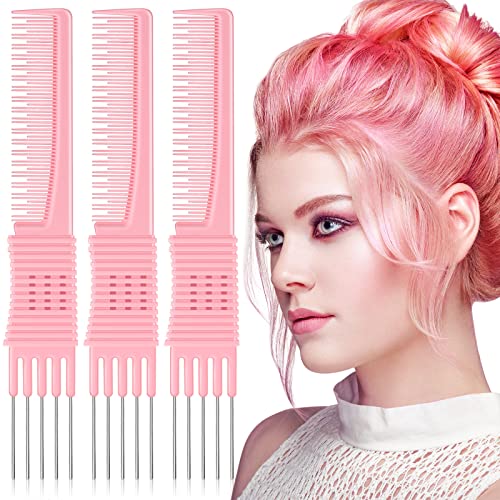 Leinuosen 3 Pack Carbon Lift Teasing Combs with Metal Prong, Hair Pick Comb for Women Hair Styling(Pink)