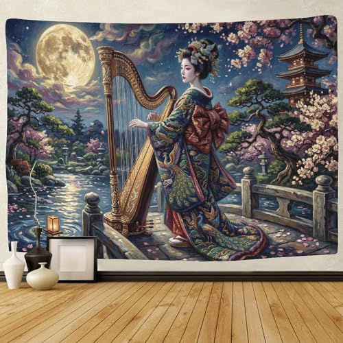 GPMNBCXZK Geisha Japonesa Tapiz de Pared Impreso en 3D Decoración de Pared Cerezos en Flor Dormitorio Sala de Estar Arte 130cmx150cm
