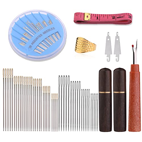 80 Pcs Sewing Needles Set, Embroidery Needles With Needle Threaders, Hand Sewing Big Eye Needles, Large Eye Sewing Needles With Solid Wood Needle Case #TOP10
