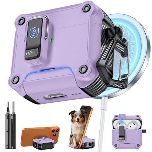 Image of Inesore for AirPods 4 Case with Secure Lock (Purple) | Phone Stand Design,Compatible with MagSafe,Automatic Snap Switch Secure Cover with Cleaner Kit & Keychain