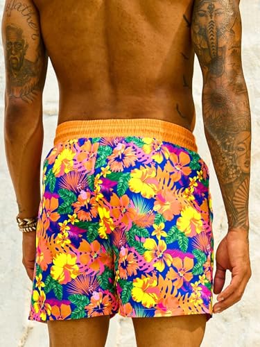 MakeMeChic Men's Floral Swim Trunks Drawstring Waist Beach Shorts with Pockets3