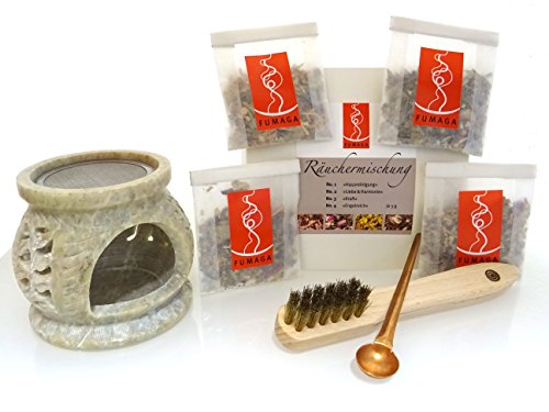 Fumaga - 7- teiliges Räucherset Starterset mit Räucherstövchen Blume aus Speckstein Ø 7,5 cm; H: 8,0 cm Cover