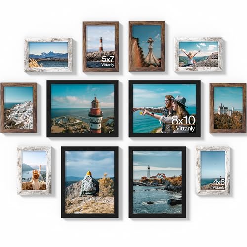 Image of Vittanly 12 Pack Picture Frames Collage Wall Decor for Mounting or Tabletop Display, Multi Sizes Including 4pcs 8x10, 4pcs 5x7, 4pcs 4x6, Black, Brown and Distressed White