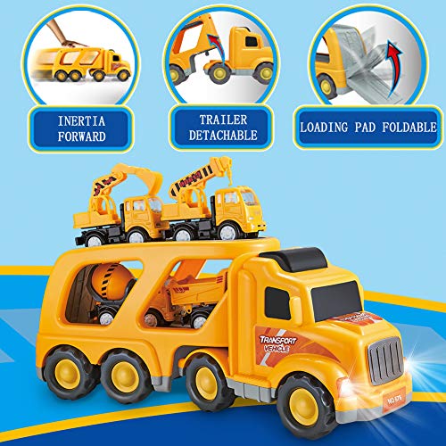 Slenpet Construction Truck Toys For 3 Years Old Boys Kids Toddlers, Vehicles Toy Set With Light And Sound, Large Transport Cargo Truck, Small Excavator, Crane, Mixer, Dumper Truck 5 In 1 Playset #TOP4