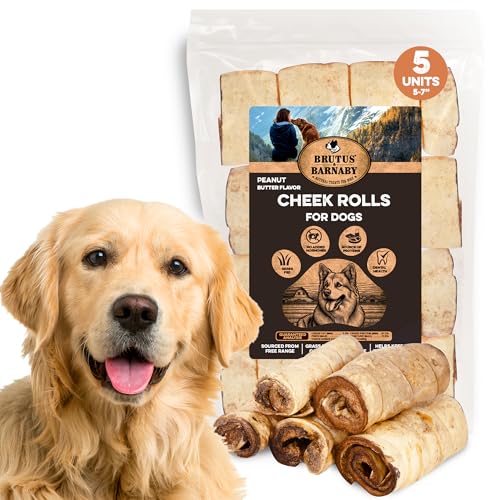 Premium Beef Cheek Rolls for Dogs 5-7" - (5-Pack), Peanut Butter Flavored Long Lasting, Safe & Natural Rawhide Alternative Chews, Ideal for Large Dogs & Aggressive Chewers, Supports Dental Health