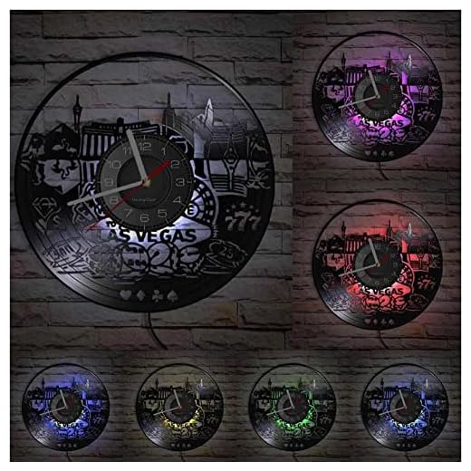 LTMJWTX Las Vegas Landskap vinylskiva konst kasino väggklocka staden Nevada USA stadsbild hem kontor spelande dekor retro klocka