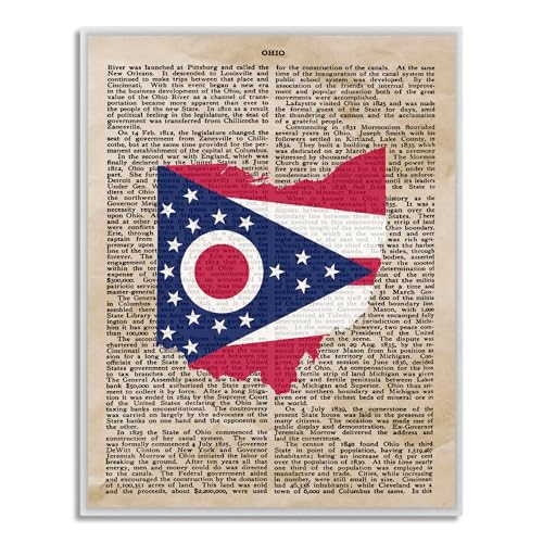 Cranberry Collective Ohio Flag and Map Print - Vintage Encyclopedia Page Canvas Wall Art - Unique State Pride Gift and Home Decor - Three Size Options
