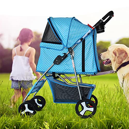 Foldable Pet Stroller 4 Wheeler, Detachable Travel Carrier for Small Dog Cat, Light Weight and Easy to Walk Folding Travel Carrier for Small Pets (Blue-White)