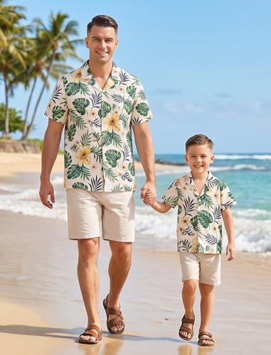 Image of AWIBMK Hawaiian Family Matching Outfits Mother Daughter Tropical Dresses Father Son Shirts for Beach Vacation Luau Party