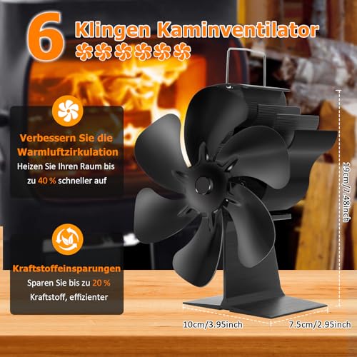 Miniatura 3 de Lvelfe Ventilador De Estufa Sin Electricidad, Ventilador De Chimenea De 6 Aspas, Ventilador De Chimenea Silencioso, Ventilador De Estufa Y Chimenea Con Termómetro Para Estufa De Leña, Leña, Lugar De