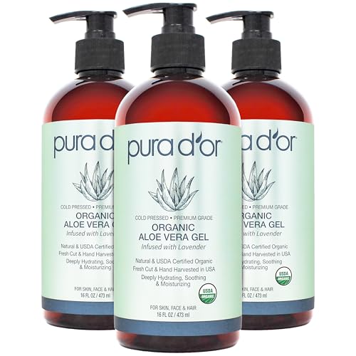 PURA D'OR ORGANIC Aloe Vera Gel Lavender (16 Oz X 3) All Natural - ZERO Artificial Preservatives - Deeply Hydrating & Moisturizing - Sunburn, Bug Bites, Rashes, Small Cuts, Eczema Relief - Sk...