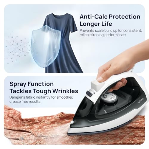 Image of Wipro Elato GS 208 1250 W Steam Iron With 160 Ml Water Tank | 5 Fabric Setting | Scratch Resistant Ceramic Soleplate | Anti- Calc Protection |2 Year Warranty