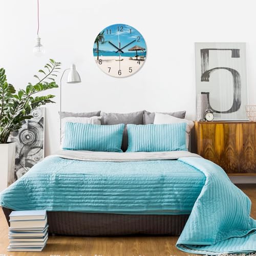 Image of XFM Tropical Beach Wall Clock Battery Operated 12 Inch | Silent Non-Ticking Battery Operated Blue Coastal Modern Decorative for Living Room Kitchen Bedroom Office