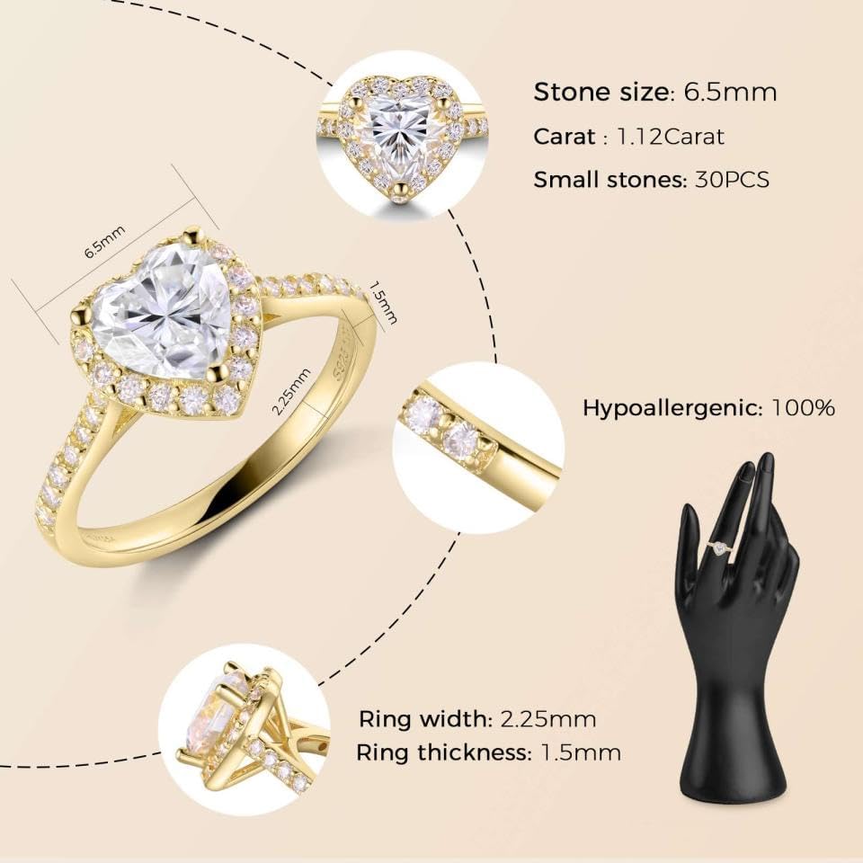 Promise Rings for Her,1.12 Carat Engagement Rings for Women,Moissanite Rings Heart-Shaped with 18K White Gold Plated 925 Sterling Silver - Image 3