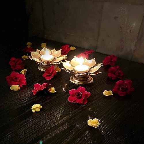 Image of Easyera Beautiful Lotus Tealight Holder Candle Stand Metal Home Decoration Festival Occasions Diwali Ga (Not Include Glass Candle) (Pack of 2- (Golden) Mini Lotus)