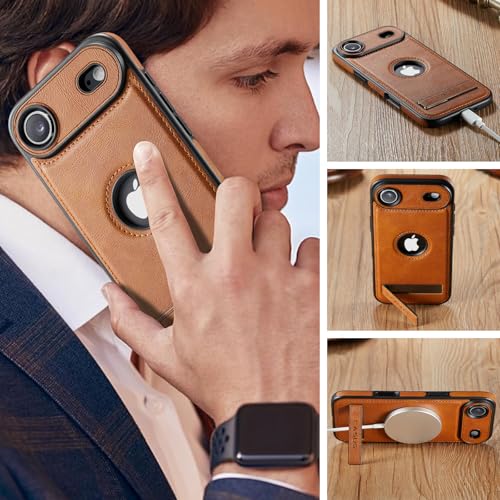 Image of Casus for iPhone Air Case Compatible with MagSafe Kickstand Vegan Leather Slim Classic Luxury Elegant Protective Cover with Tempered Glass Screen Protector (2025) 6.5 inch, Brown