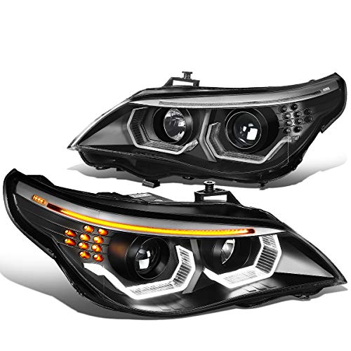 [HID Model without AFS] 3D Halo Projector HID Headlights Assembly Compatible with BMW E60 525 530 545 550 04-07, Driver and Passenger Side, Black Housing Clear Lens