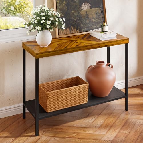 Image of Bme Vivian Console Table, Solid Acacia Wood Entryway Table Without Drawer, Rustic Golden Brown Mid Century Modern Hallway Table, Sofa Table for Living Room or Foyer