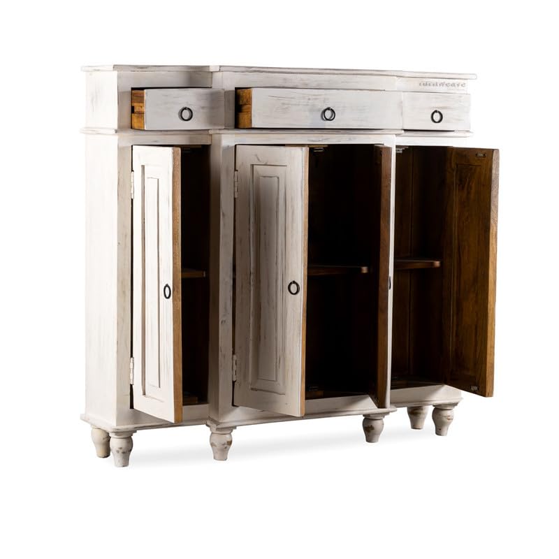 Image of Harvey Wooden Sideboard Cabinet for Living Room | Antique Wooden Cabinet for Storage Organizer with Doors | Cabinet for Home | Wooden Storage Furniture for Home | White Distress