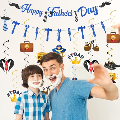 Image of 32 PCS Happy Fathers Day Banner Hanging Swirls Set - Happy Father's Day Party Decorations Supplies for Dad Birthday Party