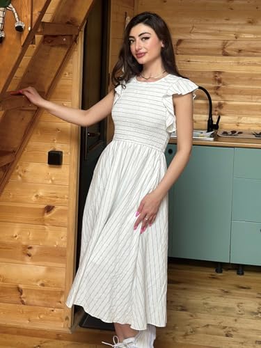 Image of Simplee Womens Striped Midi Summer Dress Linen Smocked Flutter Short Sleeve Dress Flowy Casual Dress with Pockets