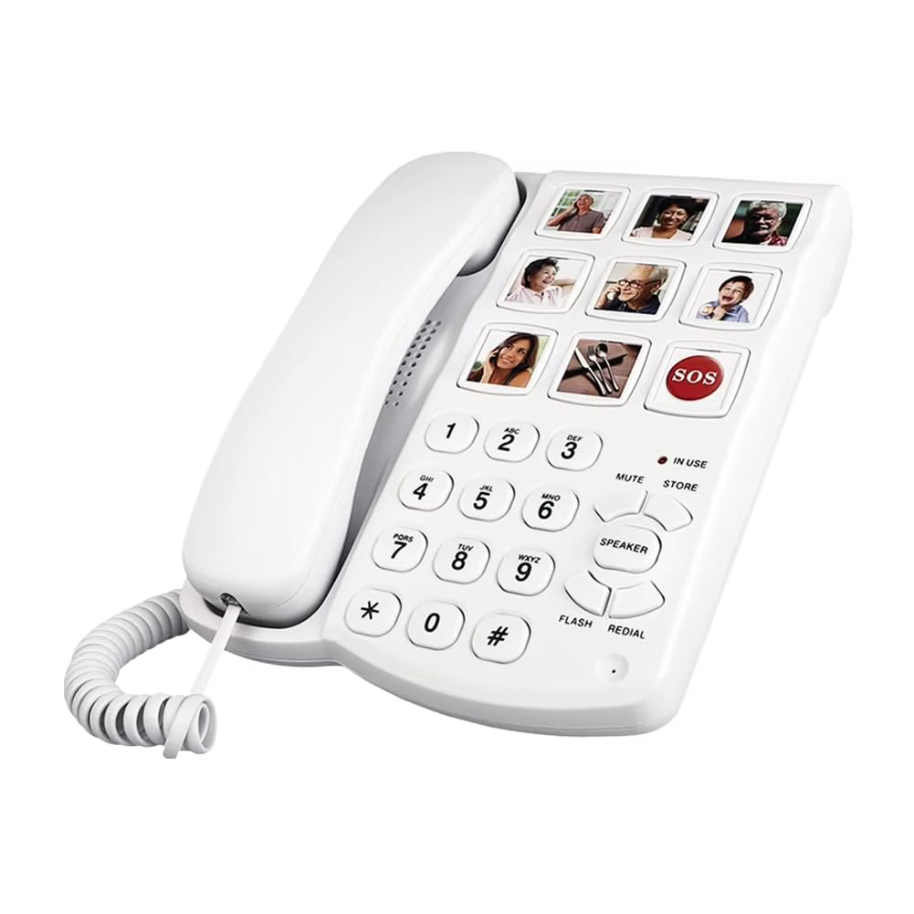 Téléphone Fixe Amplifié à Grandes Touches avec Mémoire Photo, Téléphone de Bureau Filaire.