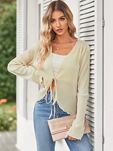 ZAFUL-Womens-Deep-V-Neck-Tie-Front-Top-Bell-Long-Sleeve-Plisse-Pleated-Blouse-Shirt-Top