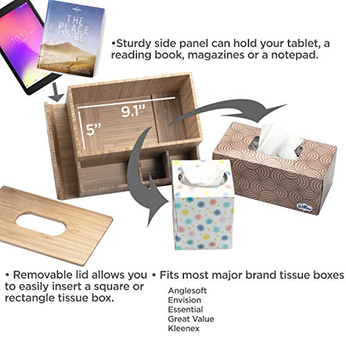 MobileVision Bamboo Tissue Box Holder & Tablet Stand Organizer for Bedroom & Desktop; compartments hold iPad Phones Remote Controls Reading Glasses Notepads & Pens - Image 4